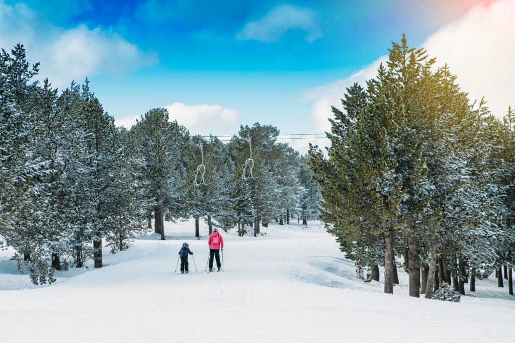 Family practicing ski at the ski resort